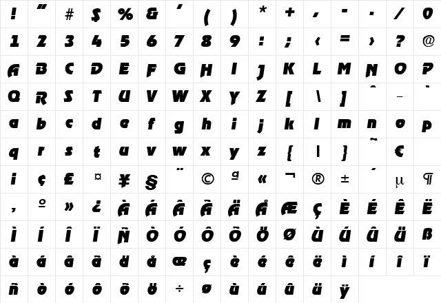 Ragtime-HeavyIta Regular  glyph index