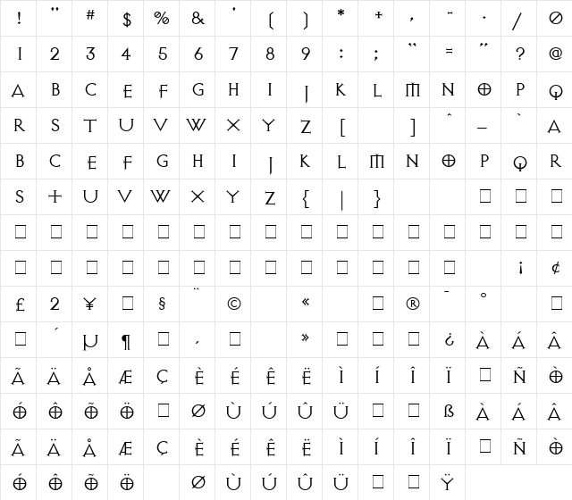 ExocetLight Medium  glyph index