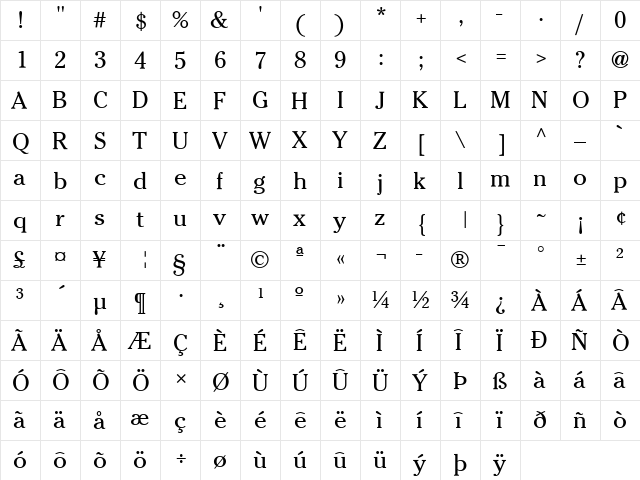 Cheltenham LT Regular  glyph index