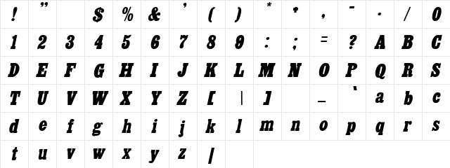 Jamaica Oblique  glyph index