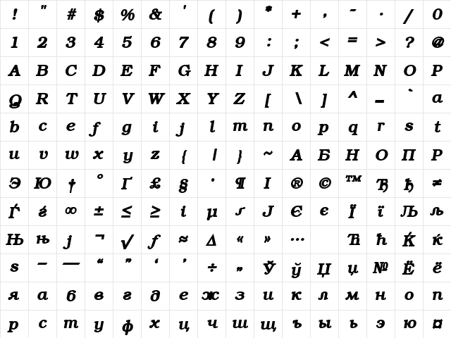 ER Bukinist Mac Bold Italic  glyph index