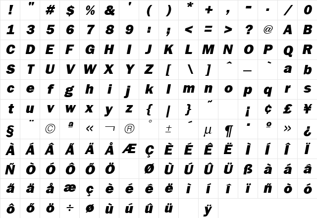 Franklin Italic  glyph index