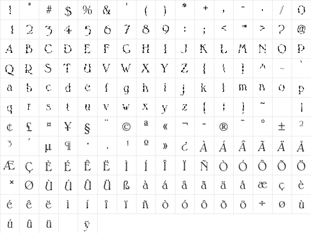 Smokey SF Regular  glyph index