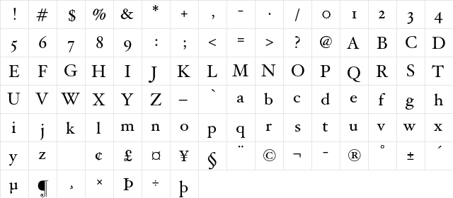 Hoefler Text Regular  glyph index