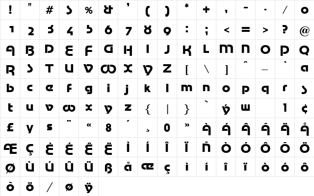 Marina Regular  glyph index