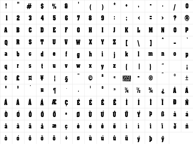 AcklinCondensed Regular  glyph index