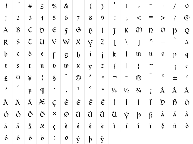Clairvaux LT Std Roman  glyph index