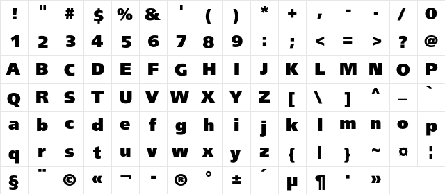 FreeSetBlackC Regular  glyph index