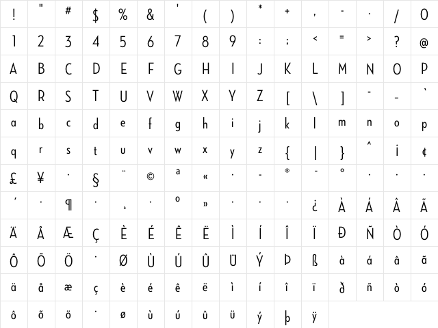 Neutraface Condensed Medium Alt  glyph index
