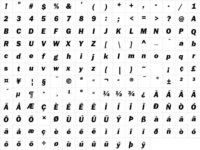 ITC Franklin Gothic Std Heavy Italic  glyph index