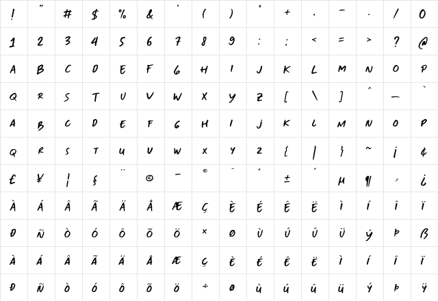 TF Handwriting Regular  glyph index