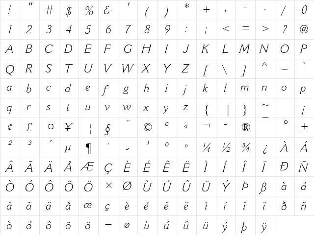 Cantoria MT Light Italic  glyph index