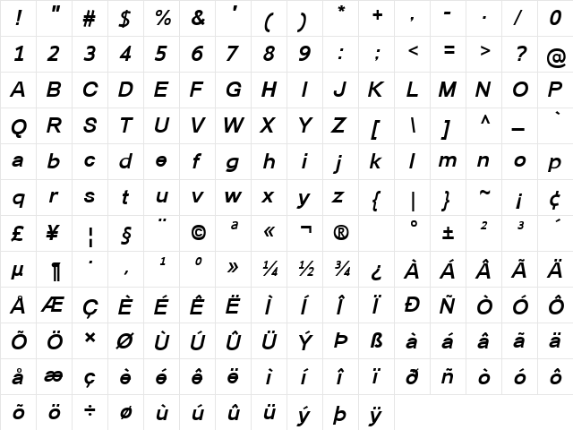 Catriel Bold Italic  glyph index