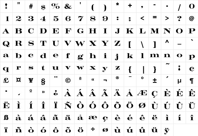 CrawModern-Bld Regular  glyph index