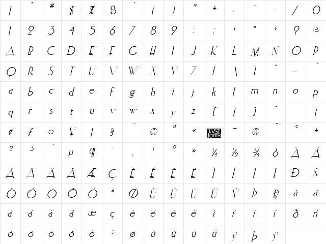 Elisia Italic  glyph index