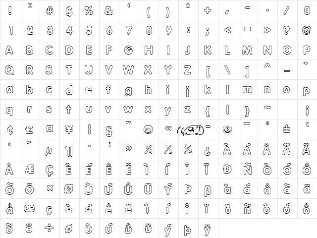 Vagabond Heavy Outline Regular  glyph index