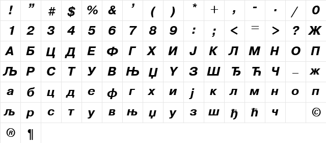 Helvetica-Cirilica Bold Italic  glyph index