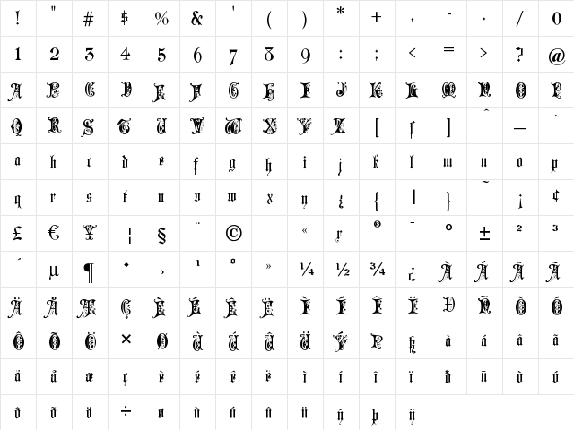 Grusskarten Gotisch Regular  glyph index
