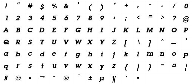 LugaBookC Bold Italic  glyph index