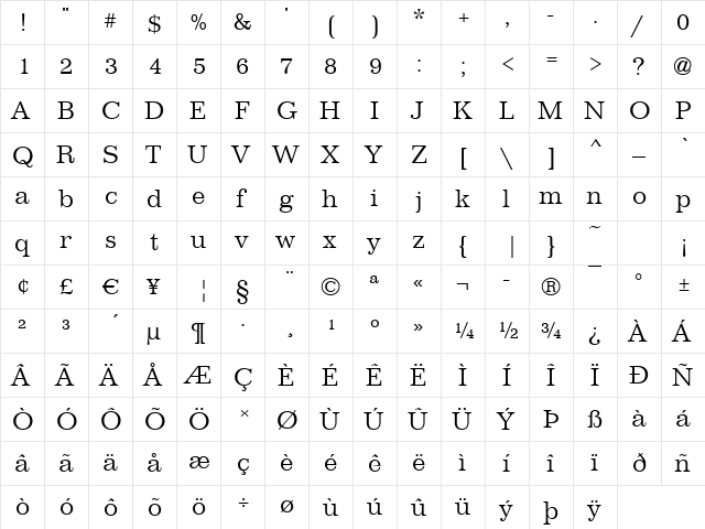 Illinois Regular  glyph index