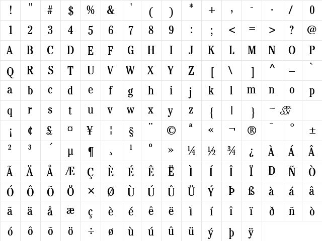 Cheltenham Condensed SSi Condensed  glyph index