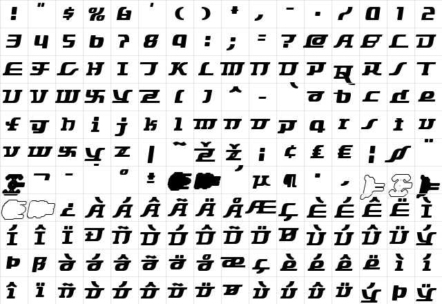 Starbat Regular  glyph index