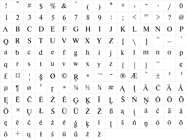 NewtonBTT Regular  glyph index