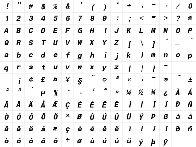 HelvMono Bold-Oblique  glyph index