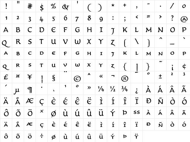 CarlinScript LT Std RegularSC Regular  glyph index
