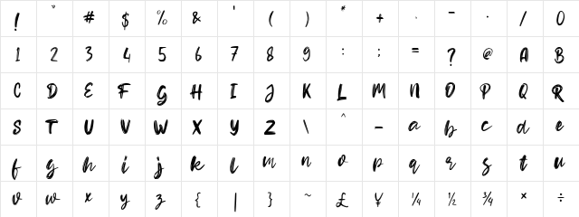 Hello Dear Demo Regular  glyph index
