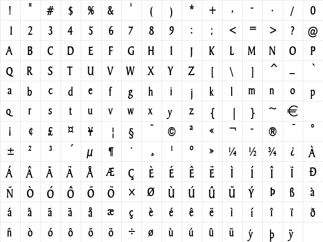 BarrettCondensed Bold  glyph index