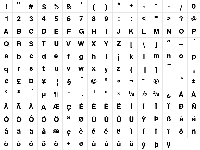 Nimbus Sans Becker No5TMed Regular  glyph index