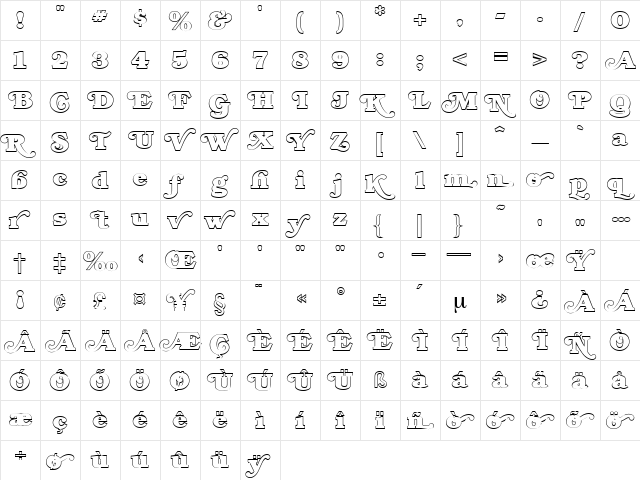 CamillaOpen Regular  glyph index