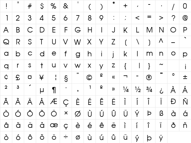 Avalon Regular  glyph index