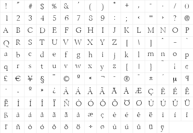 BrandonBecker-ExtraLight Regular  glyph index