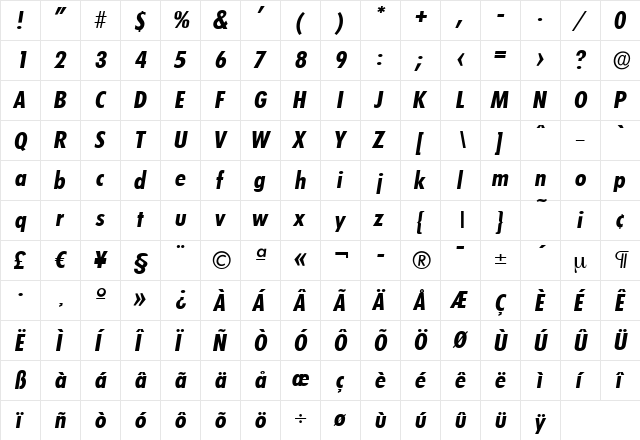 PeterBeckerCond Bold Italic  glyph index