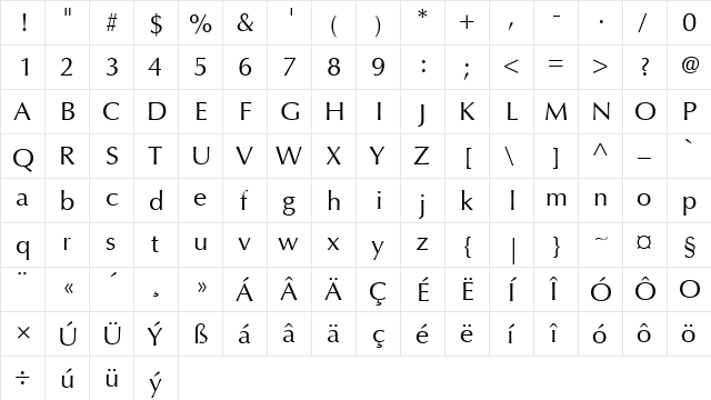 Optima LH Italic  glyph index