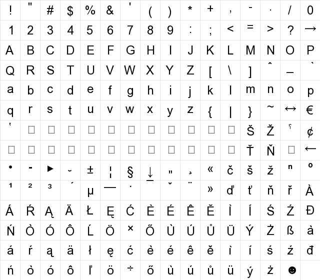 New Regular  glyph index