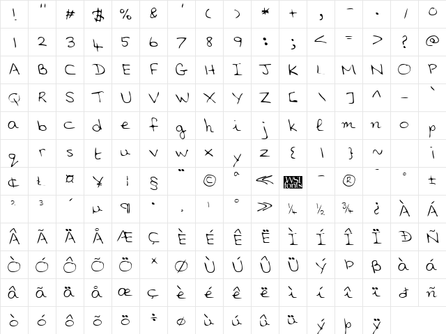 AlinasHand Regular  glyph index