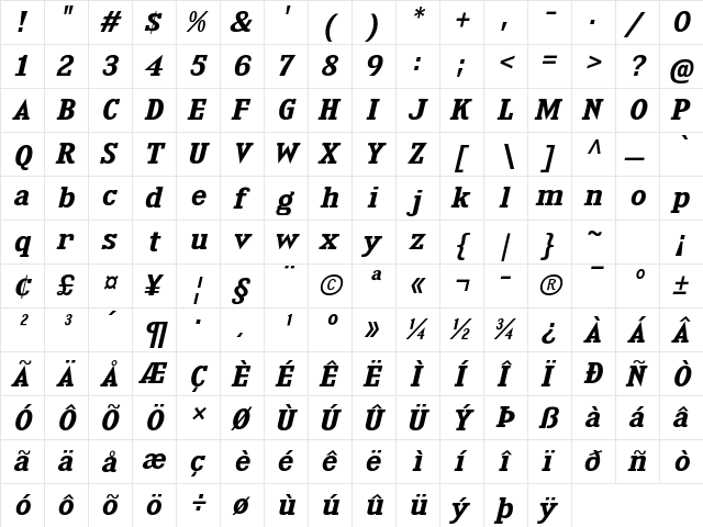 Kingsbridge Expanded SemiBold Italic  glyph index