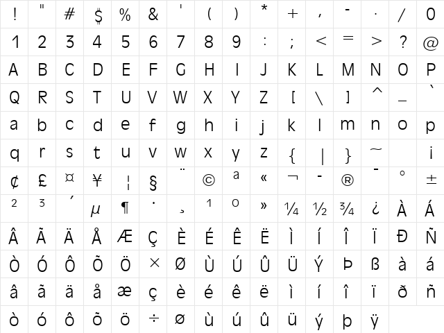 Incised901 Lt BT Light  glyph index