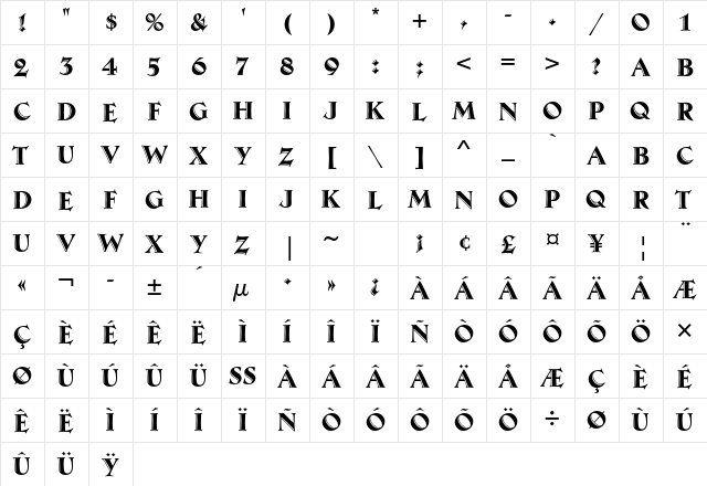 Ambrose Std Regular  glyph index