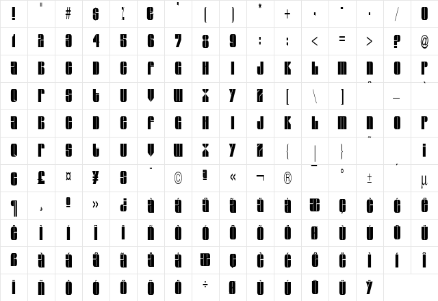 Glaze Extended Condensed Normal  glyph index