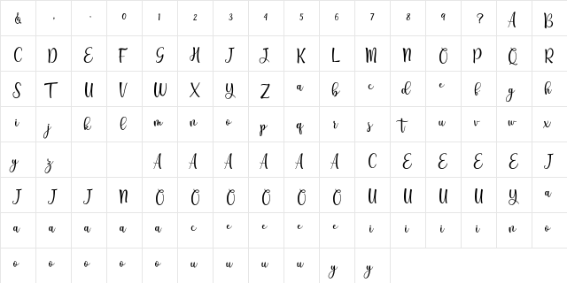 Breyhana Regular  glyph index