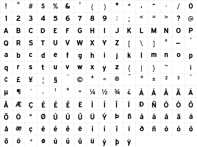 Expressway Bold  glyph index