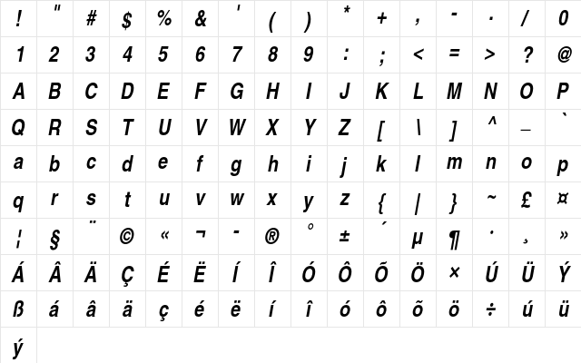Helvetica CE Bold Narrow Oblique  glyph index