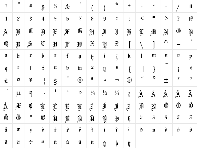Mariage D Regular  glyph index