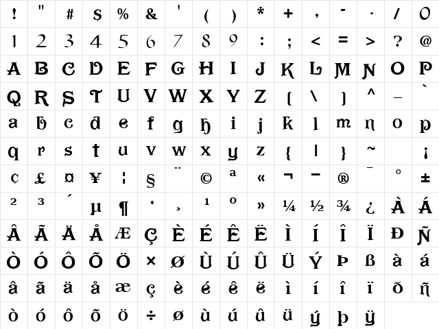 Dark Regular  glyph index