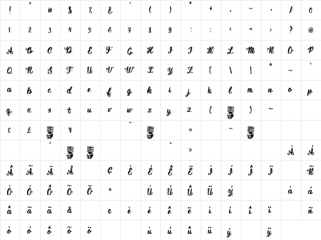 Marbella Regular  glyph index