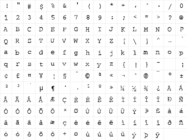 DTCDirtyM08 Regular  glyph index